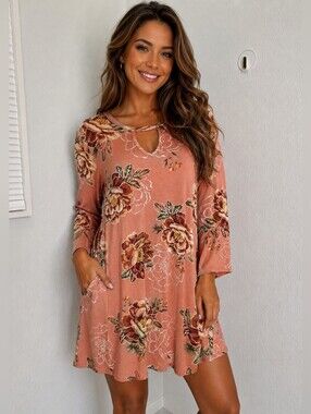 Crepas Peach Floral Keyhole Tunic Dress with Bell Sleeves, Size Medium